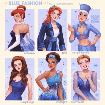 Rule 34 | 6+girls, anastasia (1997), anya (anastasia), bella swan, blue dress, blue hat, blue jacket, blue theme, bob cut, breasts, brown hair, butterfly hair ornament, casey carlyle, character name, check-in attendant (the fifth element), cleavage, commentary, copyright name, dark-skinned female, dark skin, deena jones, dreamgirls, dress, english commentary, fashion, formal clothes, gloves, hair bun, hair ornament, hat, headband, highres, ice princess, jacket, jewelry, long hair, long sleeves, luztapiaart, midriff, multiple drawing challenge, multiple girls, necklace, orange hair, red eyes, red hair, rose dewitt bukater, see-through clothes, see-through sleeves, short hair, single hair bun, the fifth element, titanic (movie), twilight (series), very dark skin, wavy hair, white gloves, white hair