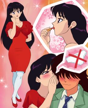 Rule 34 | 1boy, 1girl, abstract background, applying makeup, bishoujo senshi sailor moon, blush, breasts, brown hair, cleavage, cosmetics, dress, full body, hair over eyes, highres, hino rei, implied nopan, jacket, kumada yuuichirou, leggings, lipstick, lipstick tube, long hair, makeup, multiple views, no panties, panties, purple eyes, purple hair, red dress, red jacket, roxy rex, tied jacket, underwear, whispering, whispering in ear, white leggings