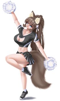 Rule 34 | 1girl, absurdres, animal ear fluff, animal ears, black shoes, blue eyes, blunt bangs, breast cutout, breasts, brown hair, cat ears, cat girl, cat tail, cheering, cheerleader, crop top, fang, grin, hair ribbon, happy, highres, large breasts, long hair, looking at viewer, original, pompoms, ponytail, ribbon, shoes, skirt, smile, sneakers, socks, tail, takie, takie arts, very long hair, white background, white socks