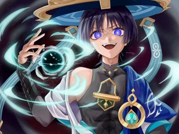 1boy amhr_46 anemo_symbol_(genshin_impact) aqua_gem arm_at_side armor artistic_error black_background black_bodysuit black_bridal_gauntlets black_hair black_mouth blue_cape blue_hat blue_kimono blue_sleeves blunt_ends bodysuit bridal_gauntlets bright_pupils cape choppy_bangs eyeliner fingernails frown gem genshin_impact gold hand_up hat highres japanese_armor japanese_clothes jingasa juban kimono kote kurokote layered_sleeves makeup male_focus mandarin_collar menacing open_clothes open_kimono open_mouth pectorals purple_eyes red_eyeliner ringed_eyes scaramouche_(genshin_impact) short_sleeves single_bare_shoulder single_off_shoulder solo star_(sky) starry_sky_background teeth toned toned_male tongue twitter_username upper_body upper_teeth_only vortex wanderer_(genshin_impact) white_kimono white_pupils white_sleeves white_trim wind