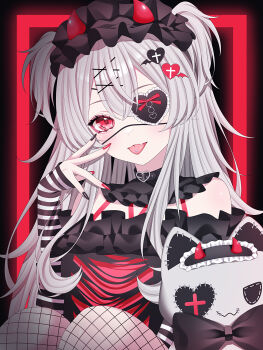 1girl :p absurdres arm_up black_dress black_headdress black_nails blush collar detached_collar dress eyepatch fake_horns fang fishnets frilled_collar frilled_dress frills grey_hair hair_between_eyes hair_ornament hairclip highres horns long_sleeves medium_hair multicolored_dress multicolored_nails nail_polish off-shoulder_dress off_shoulder one_eye_covered original piercing red_dress red_eyes red_nails sidelocks simple_background skin_fang solo striped_sleeves stuffed_toy tongue tongue_out tongue_piercing wanko_(yurika0320)