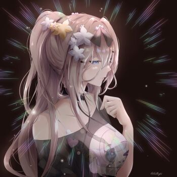 Rule 34 | 1girl, absurdres, aponia, black background, black shirt, blonde hair, blue eyes, breasts, character print, commentary, elysia (honkai impact), emphasis lines, english commentary, flower, hair flower, hair ornament, highres, honkai (series), honkai impact 3rd, large breasts, lolbyts, long hair, off-shoulder shirt, off shoulder, ponytail, prototype design, shirt, solo, twitter username, upper body