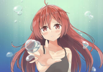 1girl absurdres aihara_enju air_bubble bare_shoulders black_bullet black_dress blush bubble commentary_request crying crying_with_eyes_open dress ending female_focus highres looking_at_viewer outstretched_arm parted_lips reaching reaching_towards_viewer red_eyes red_hair solo tears underwater upper_body usayatik
