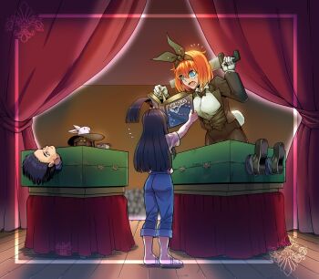 1boy 2girls @_@ ahoge black_hair black_leotard black_pantyhose black_suit blue_eyes blue_pants book bow bowtie commentary curtains dated english_commentary ewder fishnet_pantyhose fishnets formal_clothes go-toubun_no_hanayome green_ribbon green_vest hair_ribbon hand_saw highres holding holding_book holding_saw indoors jacket leotard long_hair magic_trick multiple_girls nakano_yotsuba open_book open_mouth orange_hair pants pantyhose playboy_bunny ribbon saw shirt short_hair signature stage stage_curtains suit suit_jacket sweat traditional_bowtie uesugi_fuutarou uesugi_raiha vest white_shirt