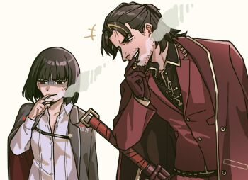 Rule 34 | +++, 1boy, 1girl, anger vein, black hair, black shirt, bob cut, cigar, cigarette, coat, collared shirt, cowboy shot, gloves, gold trim, holding, holding cigar, holding cigarette, jacket, lapels, lei heng (project moon), limbus company, notched lapels, oxy (ho2), project moon, red coat, red eyes, red gloves, red jacket, ryoshu (project moon), shirt, short hair, smoke, smoking, sword, weapon, white shirt