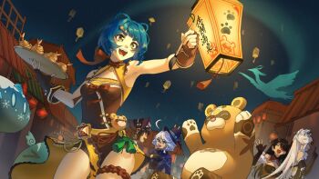 5girls :d animal_hands architecture beidou_(genshin_impact) bird blue_hair blue_hat blue_jacket blunt_bangs bonnet bow braid braided_hair_rings breasts brown_hair capelet china_dress chinese_clothes chinese_hairpin cleavage_cutout closed_eyes clothing_cutout cloud_retainer_(genshin_impact) colored_eyepatch commentary cowlick crane_(animal) dress drop-shaped_pupils east_asian_architecture english_commentary eyepatch fingerless_gloves food from_below fur_collar furina_(genshin_impact) genshin_impact gloves golden_shrimp_balls_(genshin_impact) guoba_(genshin_impact) hair_ornament hair_over_one_eye hair_rings hair_stick hairpin hat heterochromia highres hime_cut holding holding_brush holding_tray index_finger_raised jacket jewelry jois_illust lantern large_breasts light_blue_hair lolita_fashion long_hair multicolored_dress multiple_girls night ningguang_(genshin_impact) one_eye_covered open_mouth paper_lantern pink_capelet qi_lolita red_panda sky sky_lantern slime_(genshin_impact) smile symbol-shaped_pupils tassel tassel_hair_ornament thick_eyebrows thighlet top_hat tray vision_(genshin_impact) waving white_hair xiangling_(genshin_impact) xianyun_(genshin_impact) yellow_eyes yun_jin_(genshin_impact)
