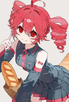 1girl absurdres ahoge baguette bare_shoulders black_shirt black_skirt black_sleeves bread breast_pocket detached_sleeves double-parted_bangs drill_hair fingernails food hair_between_eyes haru_(ririne9999rine) highres holding holding_food kasane_teto kasane_teto_(utau) miniskirt nail_polish number_tattoo pocket red_eyes red_hair red_nails red_trim shirt shoulder_tattoo skirt sleeveless sleeveless_shirt smile tattoo twin_drills utau