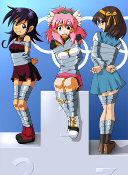 3girls arms_behind_back bdsm black_eyes black_hair black_legwear blue_eyes bondage bound bound_ankles bound_arms bound_legs bound_wrists breast_bondage breasts brown_eyes brown_hair choker competition crossover daikinbakuju dress duel_masters galaxy_angel hair_ribbon legs long_hair looking_at_viewer looking_back milfeulle_sakuraba military military_uniform miniskirt multiple_girls pink_hair ribbon school_uniform shoes sitting skirt sleeveless sleeveless_dress socks suzumiya_haruhi suzumiya_haruhi_no_yuuutsu tape tape_bondage tasogare_mimi teeth