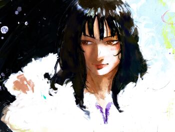 Rule 34 | 1girl, 2026, abstract, absurdres, black hair, blunt bangs, brown eyes, close-up, closed mouth, coat, dannydealerr, fur-trimmed coat, fur trim, highres, long hair, looking to the side, nico robin, nico robin (alabasta), one piece, solo, white coat