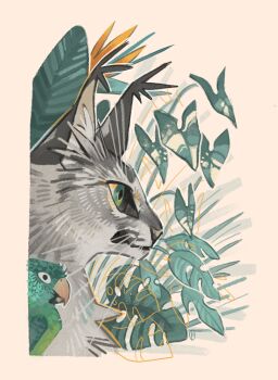 animal animal_focus artist_self-insert bird cat commentary ear_tufts english_commentary finchwing finchwing_(character) from_side green_bird green_eyes grey_cat grey_fur highres leaf no_humans original parrot profile whiskers