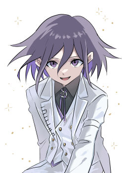 Rule 34 | 1boy, absurdres, black shirt, bs (twst with), buttons, collared shirt, commentary request, danganronpa (series), danganronpa v3: killing harmony, flipped hair, foreshortening, formal clothes, hair between eyes, highres, jacket, long sleeves, looking at viewer, male focus, medium hair, oma kokichi, open mouth, pants, partial commentary, purple eyes, purple hair, reaching, reaching towards viewer, shirt, simple background, smile, solo, sparkle, suit, upper body, white background, white jacket, white suit