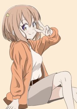 1girl belt blush closed_mouth clothes_lift dot_nose feet_out_of_frame female_focus hair_ornament koisuru_asteroid konohata_mira legs long_sleeves looking_at_viewer medium_hair multicolored_eyes orange_hair qb_(qb46311027) shirt simple_background sitting skirt skirt_lift smile solo star_(symbol) star_hair_ornament v