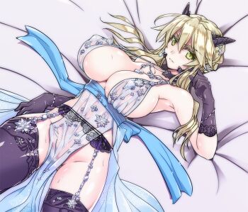 1girl artoria_pendragon_(fate) artoria_pendragon_(lancer_alter)_(fate) artoria_pendragon_(royal_icing)_(fate) babydoll bare_shoulders black_gloves black_thighhighs blonde_hair blue_babydoll blush braid breasts choker cleavage covered_erect_nipples fate/grand_order fate_(series) garter_belt gloves hair_between_eyes highres horns jewelry large_breasts long_hair looking_at_viewer lying necklace no_panties on_back pelvic_curtain see-through_clothes sidelocks snowflake_print solo thighhighs tsuzuki_yoshio yellow_eyes