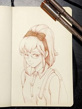 Rule 34 | 1girl, backpack, bag, bow, buttons, commentary request, desosketch (pixiv34424949), freckles, glasses, gundam, gundam hathaway's flash, highres, marker (medium), mihessia hence, mobile suit gundam, monochrome, ponytail, shirt, sketch, sleeveless, sleeveless shirt, solo, traditional media