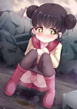 1girl absurdres black_hair blush boots character_request clothes_pull double_bun hair_bun highres loli nyxerebos outdoors panties panty_pull pantyhose pantyhose_pull pee peeing pussy school_uniform skirt solo squatting underwear yu-gi-oh!