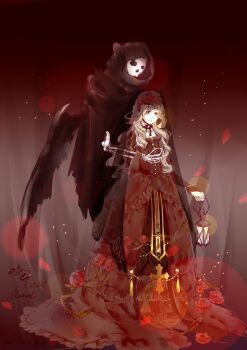 Rule 34 | 1girl, asymmetrical sidelocks, black rose (miracle nikki), black veil, blonde hair, bow, bowtie, brown eyes, chinese commentary, commentary request, dot nose, dress, drill hair, expressionless, eyelashes, flower, frilled dress, frills, full body, gold buttons, gown, head wreath, highres, holding, holding lantern, lantern, light particles, long dress, long hair, long sidelocks, long sleeves, looking ahead, miracle nikki, muriel miaoke, nikki (series), parted lips, partial commentary, red background, red bow, red bowtie, red dress, red flower, red rose, rose, see-through clothes, see-through veil, sidelocks, signature, skeleton, textless version, veil