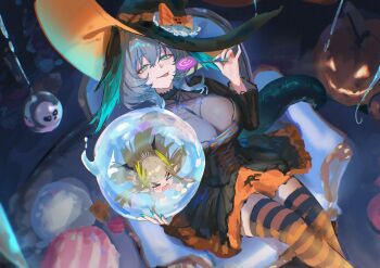 &gt;_&lt; 2girls absurdres alternate_costume aqua_feathers aqua_wings arknights breasts candy cleavage closed_eyes food halloween halloween_costume hat head_wings highres ho&#039;olheyak_(arknights) holding holding_candy holding_food holding_lollipop jack-o&#039;-lantern lollipop long_tail looking_at_viewer mole mole_under_eye muelsyse_(arknights) multiple_girls open_mouth smile snake_girl snake_tail swirl_lollipop tail tongue tongue_out two-tone_feathers two-tone_wings uof wings witch_hat