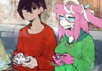 1boy 1girl angry animal_ears artist_name asymmetrical_hair biting_own_lip black_eyes bleeding blood blood_from_mouth blue_sclera body_fur bow bowtie braid breasts clenched_teeth collarbone colored_sclera constricted_pupils controller crossed_bangs dated english_text game_controller gen_6_pokemon green_sailor_collar green_serafuku green_shirt grin hair_between_eyes hair_bow hair_ornament hair_ribbon half-closed_eyes half_up_braid hands_up happy hector_(thwillartz) highres holding holding_controller holding_game_controller indoors large_breasts long_hair long_sleeves looking_afar looking_at_another looking_to_the_side loose_hair_strand neck_ribbon nintendo original personification pink_bow pink_bowtie pink_fur pink_hair pink_ribbon playing_games pokemon pokemon_(creature) purple_hair red_shirt ribbon sailor_collar school_uniform serafuku shaded_face shirt short_hair sidelocks signature sitting smile smug sylveon tears teeth thwillartz twitter_username two-tone_fur upper_body veins veiny_face veiny_hands vince_(thwillartz) white_eyes white_fur x_hair_ornament