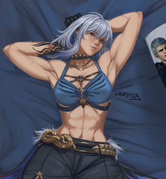 1girl abs armpits arms_behind_head arms_up blue_bra blue_hair bra breasts commentary devil_may_cry_(series) english_commentary galbrena_(wuthering_waves) gloves grey_hair hair_between_eyes highres leekypooart looking_at_viewer medium_breasts medium_hair midriff multicolored_hair muscular muscular_female navel nero_(devil_may_cry) purple_eyes shorts solo stomach underwear wuthering_waves