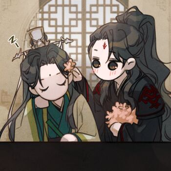 2boys adjusting_another's_hair architecture arm_support bindi black_hair black_hanfu blush brown_hair chibi chibi_only chinese_clothes closed_eyes commentary curtained_hair east_asian_architecture eetttaaa flower folded_fan folding_fan green_hanfu hair_flower hair_ornament half_updo hand_fan hanfu head_on_hand high_ponytail holding holding_fan holding_flower indoors long_hair long_sleeves looking_at_another luo_binghe multiple_boys no_mouth no_nose pink_flower ponytail ren_zhafan_paijizu_xitong ribboned_xiao_guan round_window shen_qingqiu sleeping table untranslatable_commentary very_long_hair wavy_hair wide_sleeves window yaoi