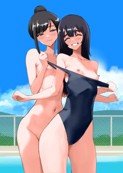 2girls absurdres assisted_exposure bad_anatomy black_hair blue_one-piece_swimsuit blue_sky brown_eyes chain-link_fence cloud commentary_request competition_swimsuit completely_nude day fence hair_bun hand_on_another's_hip hand_on_own_hip highleg highleg_one-piece_swimsuit highres kinomiki long_hair mountain multiple_girls nipples nude one-piece_swimsuit original outdoors poolside sky standing swimsuit thigh_gap