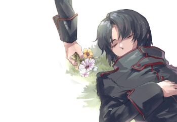2boys black_coat black_hair chinese_text closed_eyes coat commentary_request flower grass high_collar highres holding holding_flower lying makabe_kazuki male_focus minashiro_soushi_(2) multiple_boys on_back shioma_(akashio_ulk) short_hair simplified_chinese_text sleeping sleeve_cuffs solo_focus soukyuu_no_fafner white_background