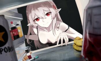 1girl arknights bare_shoulders black_nightgown blood bottle breasts cleavage collarbone commentary_request ema_(kuguiema) grey_hair highres leaning_forward long_hair nightgown pointy_ears red_eyes refrigerator small_breasts smile soda_bottle solo syringe vampire very_long_hair warfarin_(arknights)