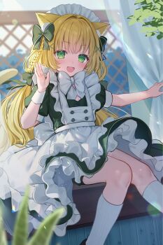 1girl :d animal_ears apron blonde_hair blurry bow braid cat_tail curtains dress frilled_apron frilled_dress frills fuyoyo green_bow green_dress green_eyes hair_bow hair_ornament highres huion long_hair looking_at_viewer maid open_mouth puffy_short_sleeves puffy_sleeves short_sleeves smile socks solo tail very_long_hair white_apron white_bow white_socks wrist_cuffs x_hair_ornament
