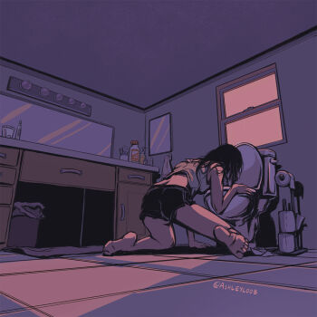 1girl artist_name ashleyloob backlighting bare_legs bare_shoulders barefoot bathroom black_hair bottle ceiling cel_shading commentary drawer facing_away flat_color indoors leaning_on_object light md5_mismatch mirror original shorts sink soles sunlight tank_top tile_floor tiles toilet toilet_paper toilet_use twitter_username vomiting window