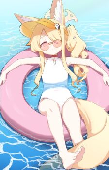 1girl above-cleavage_cutout absurdres animal_ear_fluff animal_ears bare_legs bare_shoulders barefoot blonde_hair blue_archive closed_mouth clothing_cutout covered_navel cross_halo diamond_cutout dot_nose expressionless extra_ears feet flat_chest floating fox_ears fox_girl fox_tail hair_over_one_eye halo highleg highleg_one-piece_swimsuit highres in_water innertube loli long_hair looking_at_viewer no_jacket noiriririri ocean official_alternate_costume official_alternate_hairstyle on_innertube one-piece_swimsuit one_eye_covered orange-tinted_eyewear parted_bangs partially_submerged red_eyes seia_(blue_archive) seia_(swimsuit)_(blue_archive) side_ponytail sidelocks soles solo sunglasses swim_ring swimsuit tail thighs tinted_eyewear toes turtleneck turtleneck_one-piece_swimsuit very_long_hair very_long_tail visor_cap wavy_hair white_one-piece_swimsuit yellow_halo yellow_visor