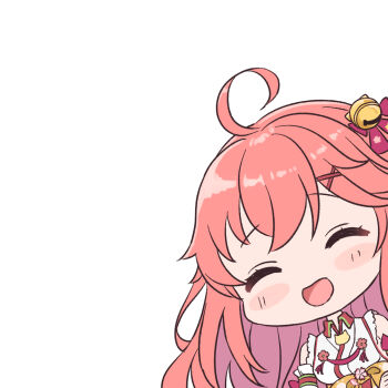 1girl :d ^_^ ahoge bare_shoulders bell breasts chibi closed_eyes facing_viewer hair_bell hair_ornament hairclip hololive japanese_clothes jingle_bell kimono large_breasts long_hair mochimiko motion_lines open_mouth pink_hair sakura_miko sakura_miko_(1st_costume) simple_background sleeveless sleeveless_kimono smile solo upper_body very_long_hair virtual_youtuber white_background white_kimono