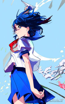 1girl 3d arm_up artist_name blue_eyes blue_hair blue_sailor_collar blue_serafuku blue_skirt cel_shading closed_mouth colored_eyelashes cowboy_shot derivative_work floating_clothes floating_hair floating_neckwear from_side highres holding holding_paper_airplane midriff_peek mika_pikazo neckerchief original paper_airplane pleated_skirt red_neckerchief redshadestd sailor_collar school_uniform serafuku short_hair short_sleeves skirt smile solo stairs wind wind_lift