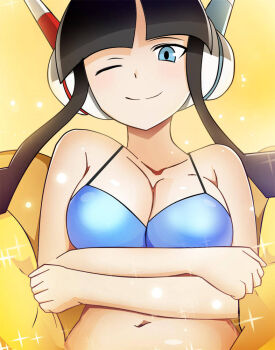 Rule 34 | arms under breasts, bikini, black hair, blue bikini, blush, breasts, coat, elesa (pokemon), headphones, holding, holding coat, holding unworn clothes, looking at viewer, medium breasts, navel, nintendo, one eye closed, parted bangs, pokemon, pokemon bw2, sidelocks, smile, swimsuit, third-party source, unworn coat, vivivoovoo, yellow coat