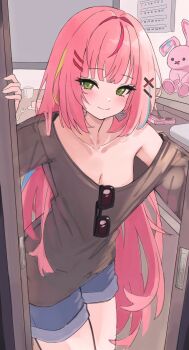 1girl absurdres blue_shorts blush breasts choppy_bangs cleavage closed_mouth commentary_request cowboy_shot denim denim_shorts doorway eyewear_hang green_eyes grey_shirt hair_intakes hair_ornament hairclip hanako_nana highres indoors korean_commentary long_hair looking_at_viewer multicolored_hair no_bra nokde off-shoulder_shirt off_shoulder parallel_hairclips peto_(hanako_nana) pink_hair shirt short_shorts shorts smile solo standing stellive straight_hair streaked_hair stuffed_animal stuffed_rabbit stuffed_toy sunglasses unworn_eyewear very_long_hair virtual_youtuber x_hair_ornament