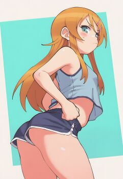 1girl adjusting_clothes ai-assisted aqua_background aqua_eyes armpit_crease ass bare_arms bare_shoulders black_shorts blue_shirt blue_shorts blue_tank_top blush breasts chibicheeks closed_mouth cowboy_shot crop_top crop_top_overhang dolphin_shorts from_side frown green_eyes hair_ornament hairclip kousaka_kirino loli long_hair looking_at_viewer looking_back midriff orange_hair ore_no_imouto_ga_konna_ni_kawaii_wake_ga_nai shirt short_shorts shorts sidelocks simple_background sleeveless small_breasts solo standing sweatdrop tank_top thighs two-tone_background underbutt