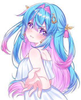 1girl :d bare_arms bare_shoulders blue_hair blue_nails blush bright_pupils colored_inner_hair commentary commission double-parted_bangs dress eyes_visible_through_hair flower foreshortening frilled_dress frills from_behind gradient_hair hair_between_eyes hair_flower hair_intakes hair_ornament heart heart_in_eye highres leaf_hair_ornament long_hair looking_at_viewer looking_back misora_kanon multicolored_hair multicolored_nails nail_polish nakamira nijigen_project open_mouth pink_flower pink_hair pink_nails purple_eyes reaching reaching_towards_viewer simple_background sleeveless sleeveless_dress smile solo spaghetti_strap star-shaped_pupils star_(symbol) streaked_hair symbol-shaped_pupils symbol_in_eye tongue two-tone_hair two_side_up upper_body virtual_youtuber watermark white_background white_dress white_pupils yellow_nails