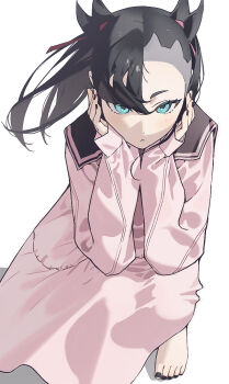 1girl 987645321o asymmetrical_bangs barefoot black_hair black_nails black_sailor_collar black_toenails blue_eyes blush breasts closed_mouth dress feet from_above hair_ribbon head_rest long_sleeves looking_at_viewer marnie_(pokemon) nail_polish nintendo pink_dress pokemon pokemon_swsh ribbon sailor_collar simple_background solo toenail_polish toenails toes twintails white_background
