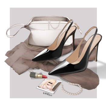 1girl bag bar_censor black_footwear blonde_hair border censored censored_identity cosmetics handbag high_heels highres id_card jewelry lipstick lipstick_tube makeup necklace no_humans pearl_necklace photo_(object) red_lips shoes simple_background stiletto_heels still_life xnnagu