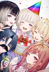 Rule 34 | 5girls, ahoge, birthday cake, black hair, blonde hair, blue eyes, blue hair, breasts, brown hair, cake, choker, closed eyes, confetti, earrings, fake facial hair, fake mustache, food, fortissimo, fruit, grey hair, grey jacket, hair ornament, happy birthday, hat, highres, hiodoshi ao, holding, holding cake, holding food, hololive, hololive dev is, hoop earrings, ichijou ririka, jacket, jewelry, juufuutei raden, lace, lace choker, large breasts, long hair, looking at viewer, medium hair, mole, mole under mouth, multicolored hair, multiple girls, musical note, musical note hair ornament, nail polish, one eye closed, open mouth, orange eyes, otonose kanade, party hat, pink shirt, purple eyes, purple hair, purple shirt, regloss (hololive), ring, sharp teeth, shirt, short hair, simple background, smile, strawberry, streaked hair, striped clothes, striped jacket, tauta (meshia8787), teeth, todoroki hajime, two-tone hair, vertical-striped clothes, vertical-striped jacket, virtual youtuber, white background