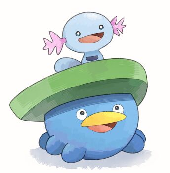 animal_focus beak gen_2_pokemon gen_3_pokemon highres lily_pad lotad nintendo no_humans on_head open_mouth pokemon pokemon_(creature) pokemon_focus pokemon_on_head simple_background smile solid_circle_eyes waltz_(wal_w_wal) white_background wooper