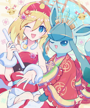1girl :d blonde_hair blue_eyes bracelet chingling clothed_pokemon commentary_request eyelashes flute gen_4_pokemon glaceon hair_between_eyes hairband happy haru_(haruxxe) highres holding holding_instrument instrument irida_(pokemon) jewelry looking_at_viewer medium_hair neck_ring nintendo one_eye_closed open_mouth pokemon pokemon_(creature) pokemon_legends:_arceus red_hairband shirt shorts smile strapless strapless_shirt
