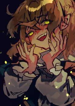 1girl arm_warmers blonde_hair brown_shirt commentary_request fingernails green_eyes green_nails hands_up looking_at_viewer mizuhashi_parsee open_mouth pointy_ears shinjitsu_no_kuchi shirt short_hair short_sleeves smile solo touhou upper_body