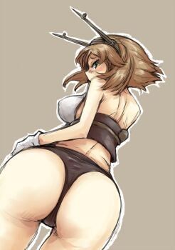 10s 1girl ass black_panties blush breasts brown_hair female_focus from_behind gloves green_eyes grey_background headgear kantai_collection large_breasts looking_at_viewer looking_back mutsu_(kancolle) ofuro_mantarou outline panties short_hair solo thigh_gap underwear white_gloves