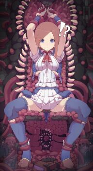 !? 1girl absurdres ascot black_panties blue_capelet blue_eyes blue_thighhighs bound brown_hair capelet castlevania:_portrait_of_ruin castlevania_(series) charlotte_aulin highres infraton long_hair looking_at_viewer panties panty_peek red_ascot restrained shirt sitting skirt tentacles thighhighs underwear variant_set white_shirt