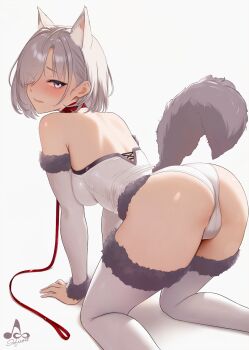 1girl all_fours animal_ear_fluff animal_ears ass bare_shoulders blush breasts closed_mouth collar commentary_request detached_sleeves eyes_visible_through_hair fur-trimmed_sleeves fur-trimmed_thighhighs fur_trim hair_over_one_eye highres infinote large_breasts leash leotard long_sleeves looking_at_viewer looking_back original paid_reward_available red_collar sashou_mihiro_(infinote) short_hair simple_background solo tail thighhighs thighs white_background white_hair white_leotard white_thighhighs