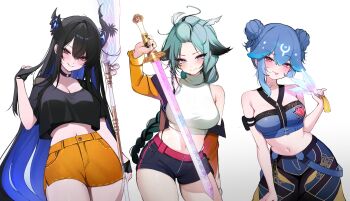 3girls :p absurdres ahoge aqua_eyes asymmetrical_horns bao_the_whale black_gloves black_hair black_shirt black_shorts blue_hair braid braided_ponytail breasts closed_mouth colored_inner_hair commentary cropped_shirt dagger double_bun english_commentary fingerless_gloves flower gloves hair_bun halter_shirt halterneck highleg highleg_panties highres holding holding_dagger holding_knife holding_polearm holding_sword holding_weapon hololive hololive_english horn_flower horns indie_virtual_youtuber jacket knife koahri lance large_breasts long_hair looking_at_viewer midriff mole mole_under_eye monii_(vtuber) multicolored_hair multiple_girls navel nerissa_ravencroft off_shoulder official_art panties panty_straps pink_eyes polearm purple_eyes shirt short_hair short_shorts shorts sidelocks smile straight_hair sword t-shirt tongue tongue_out underwear uneven_horns very_long_hair virtual_youtuber weapon white_shirt yellow_jacket yellow_shorts