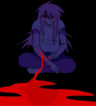 1girl blood blue_skirt character_request check_character crossed_legs d.va_(overwatch) full_body highres holding_razor_blade long_hair mercywerci on_ground overwatch pantyhose pink_hair pink_pantyhose pool_of_blood razor_blade self-harm shirt sitting skirt solo t-shirt white_shirt wrist_cutting