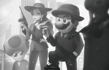 Rule 34 | 2boys, 2girls, absurdres, alternate universe, breasts, cigar, collared shirt, donkey kong (series), earrings, facial hair, fedora, formal clothes, greyscale, gun, hair behind ear, hand on own hip, hat, highres, holding, holding cigar, holding gun, holding weapon, jacket, jewelry, lem, mafia, male focus, mario, mario (series), medium breasts, monochrome, multiple boys, multiple girls, mustache, necktie, nintendo, pauline (mario), princess peach, shirt, smile, smoking, suit, suit jacket, sunglasses, super mario odyssey, toad (mario), weapon