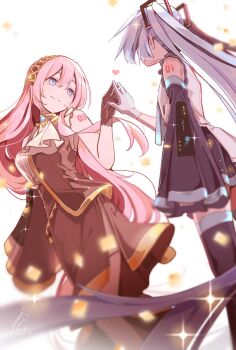 Rule 34 | 2girls, ascot, bare shoulders, black gloves, black skirt, black thighhighs, blue eyes, blurry, blush, bokeh, breasts, brooch, closed mouth, commentary, depth of field, detached sleeves, dress, dutch angle, finger touching, from below, gloves, grey hair, hair ornament, hairband, hatsune miku, heart, highres, jewelry, large breasts, light smile, long hair, long sleeves, looking at another, megurine luka, multiple girls, pink hair, pleated skirt, shirt, simple background, skirt, sleeveless, sleeveless shirt, smile, standing, table, thighhighs, twintails, very long hair, vocaloid, wanaxtuco, white background, white gloves, zettai ryouiki