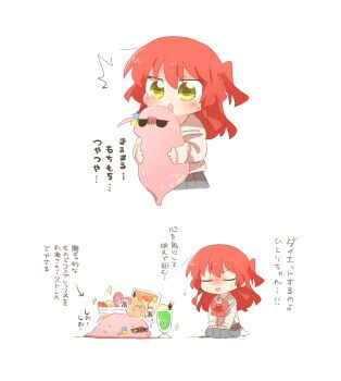 1girl :o blush bocchi_the_rock! bow bowtie brown_shirt chibi chibi_only closed_eyes commentary_request cube_hair_ornament cup drinking_glass food gotoh_hitori gotoh_hitori_(tsuchinoko) grey_skirt hair_ornament holding ice_cream ice_cream_float kita_ikuyo long_hair long_sleeves nose_blush one_side_up open_mouth pleated_skirt rebecca_(keinelove) red_bow red_bowtie red_hair school_uniform seiza shirt shuka_high_school_uniform simple_background sitting skirt socks sparkle translation_request wafer_stick white_background white_socks yellow_eyes